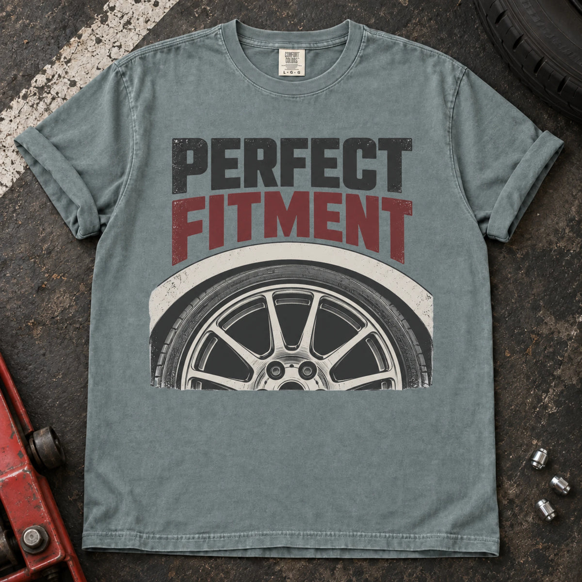 Bay car enthusiast T-shirt. A close-up wheel celebrates the pursuit of perfect fitment.