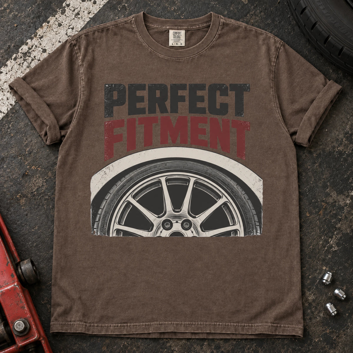 Espresso car enthusiast T-shirt. A close-up wheel celebrates the pursuit of perfect fitment.