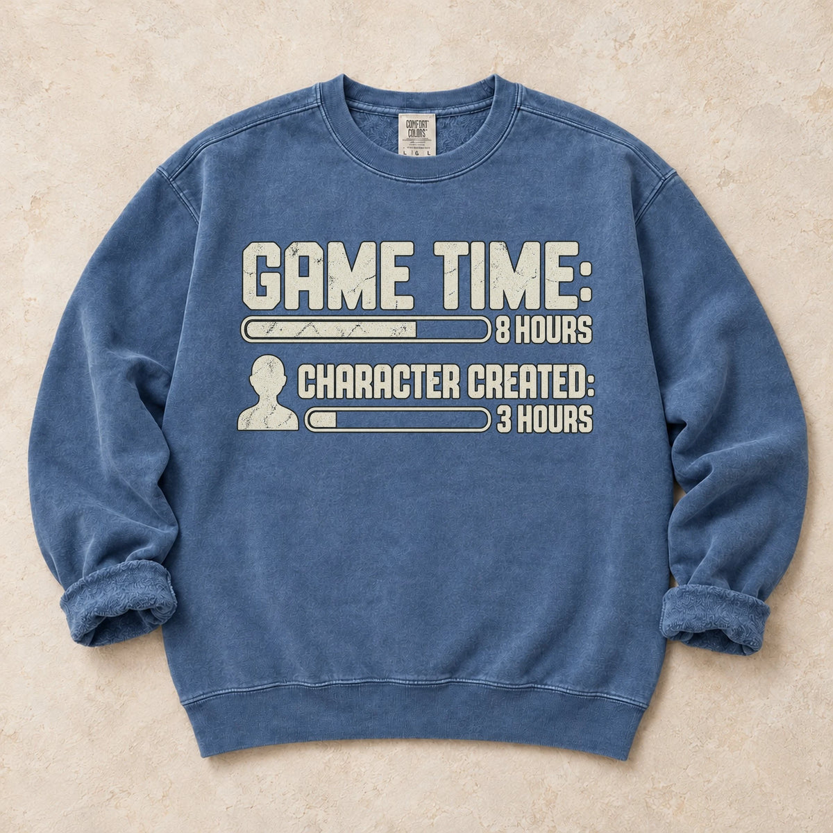 Blue Jean gaming sweatshirt. Game time and character-creation bars reveal where the hours went.