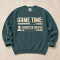 Blue Spruce gaming sweatshirt. Game time and character-creation bars reveal where the hours went.