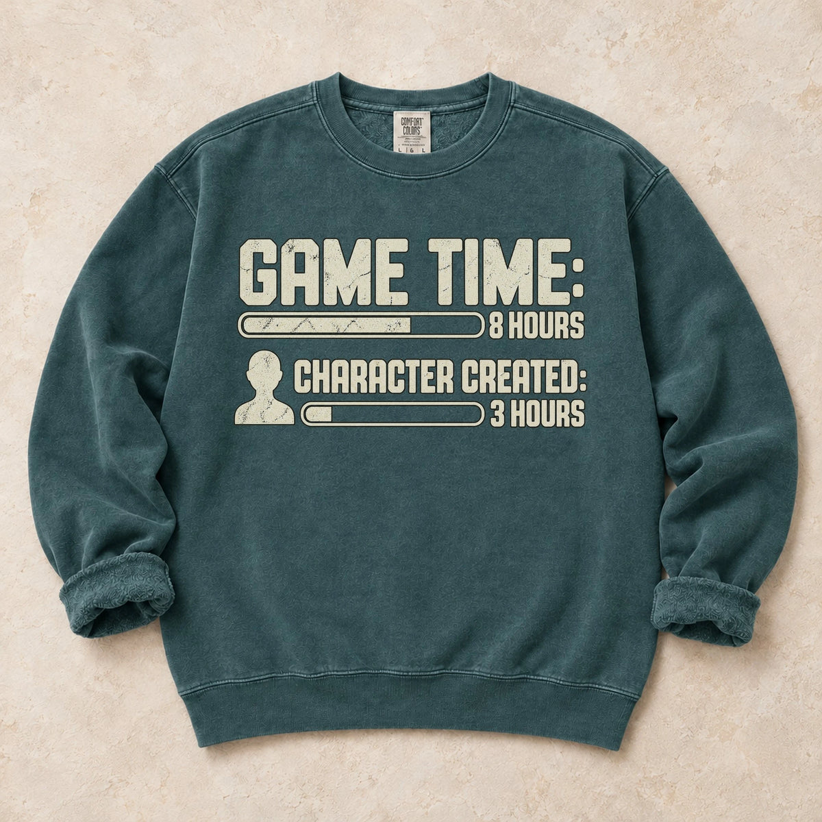 Blue Spruce gaming sweatshirt. Game time and character-creation bars reveal where the hours went.