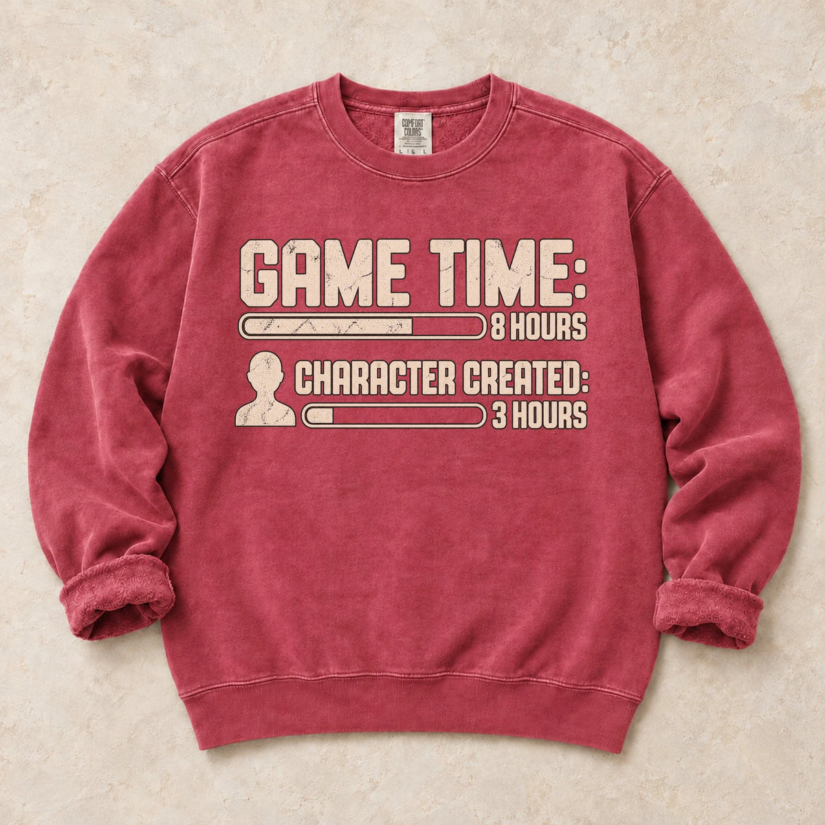 Crimson gaming sweatshirt. Game time and character-creation bars reveal where the hours went.