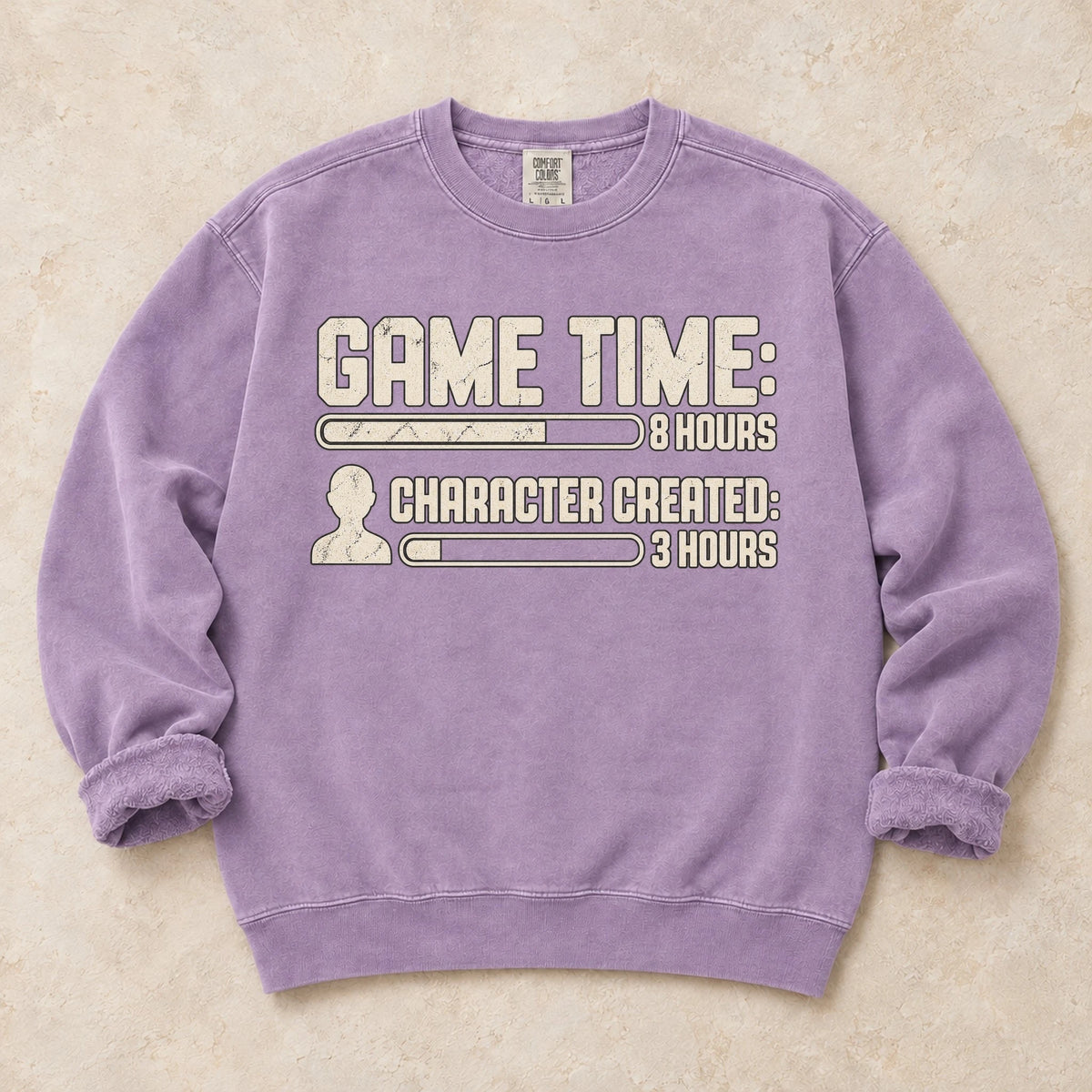 Orchid gaming sweatshirt. Game time and character-creation bars reveal where the hours went.