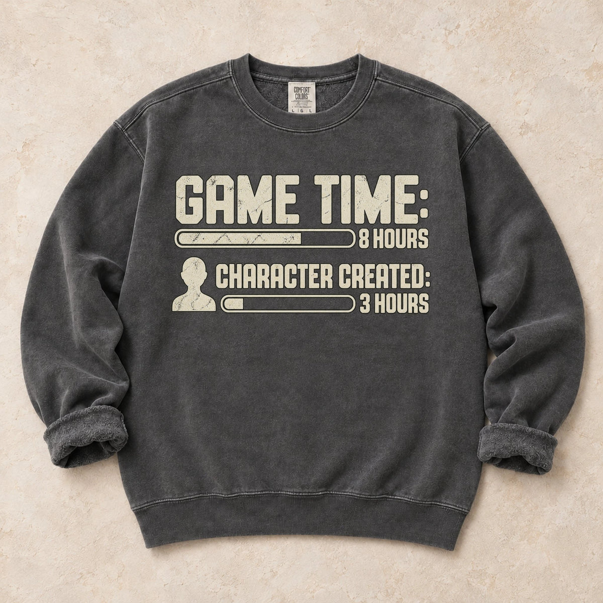 Pepper gaming sweatshirt. Game time and character-creation bars reveal where the hours went.