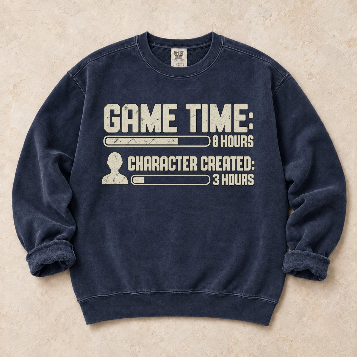 True Navy gaming sweatshirt. Game time and character-creation bars reveal where the hours went.