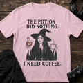 Light Pink gaming T-shirt. A witch holds a failed potion and a coffee cup instead.