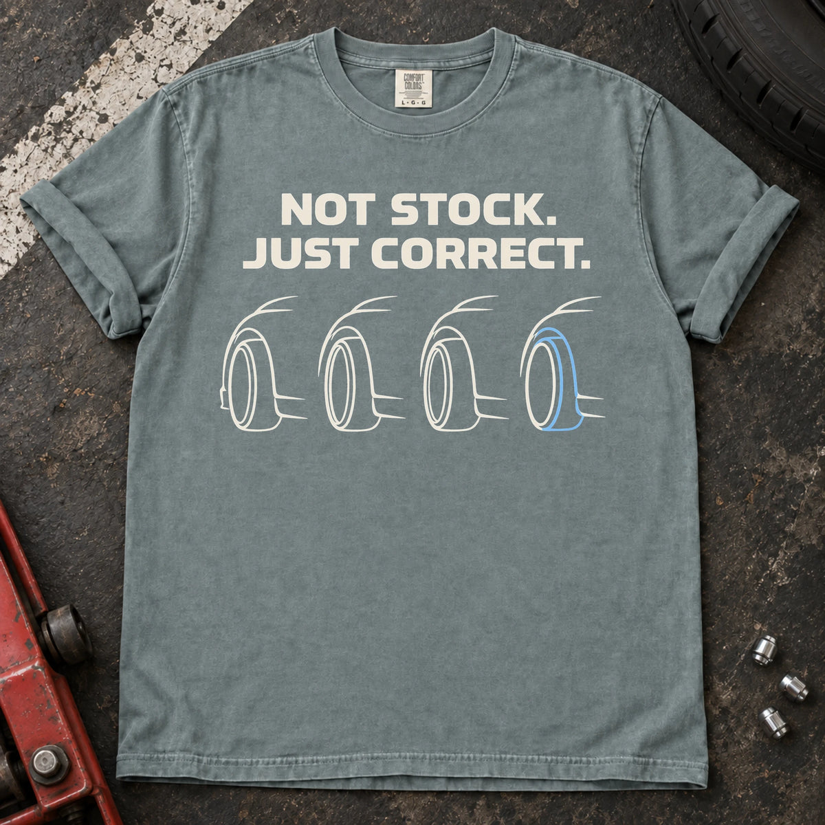 Bay car enthusiast T-shirt. Four wheel profiles argue not stock, just correct.