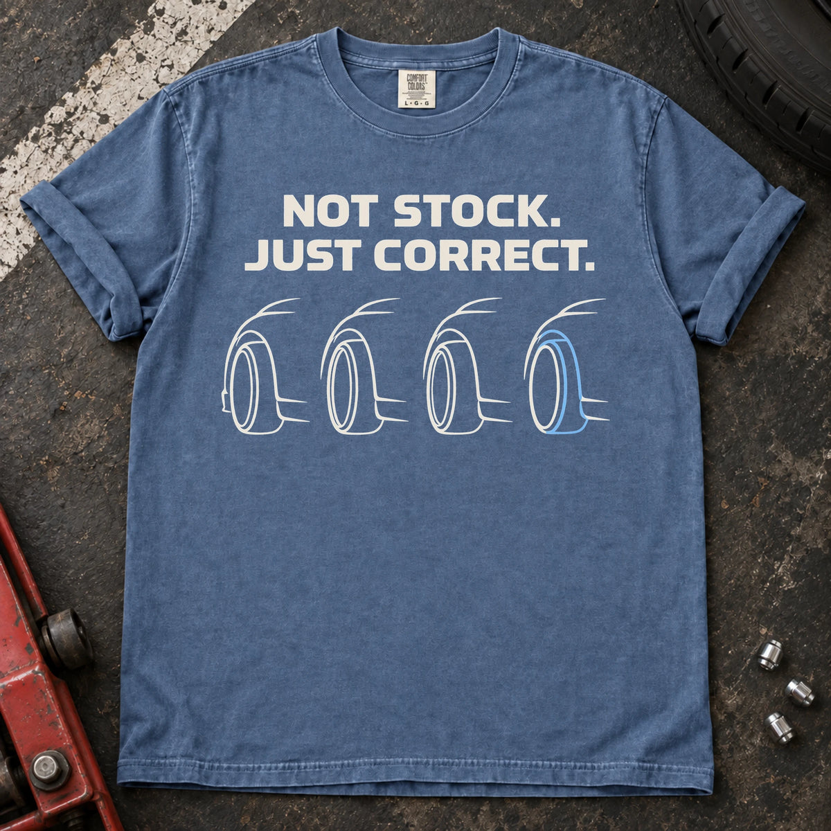 Blue Jean car enthusiast T-shirt. Four wheel profiles argue not stock, just correct.
