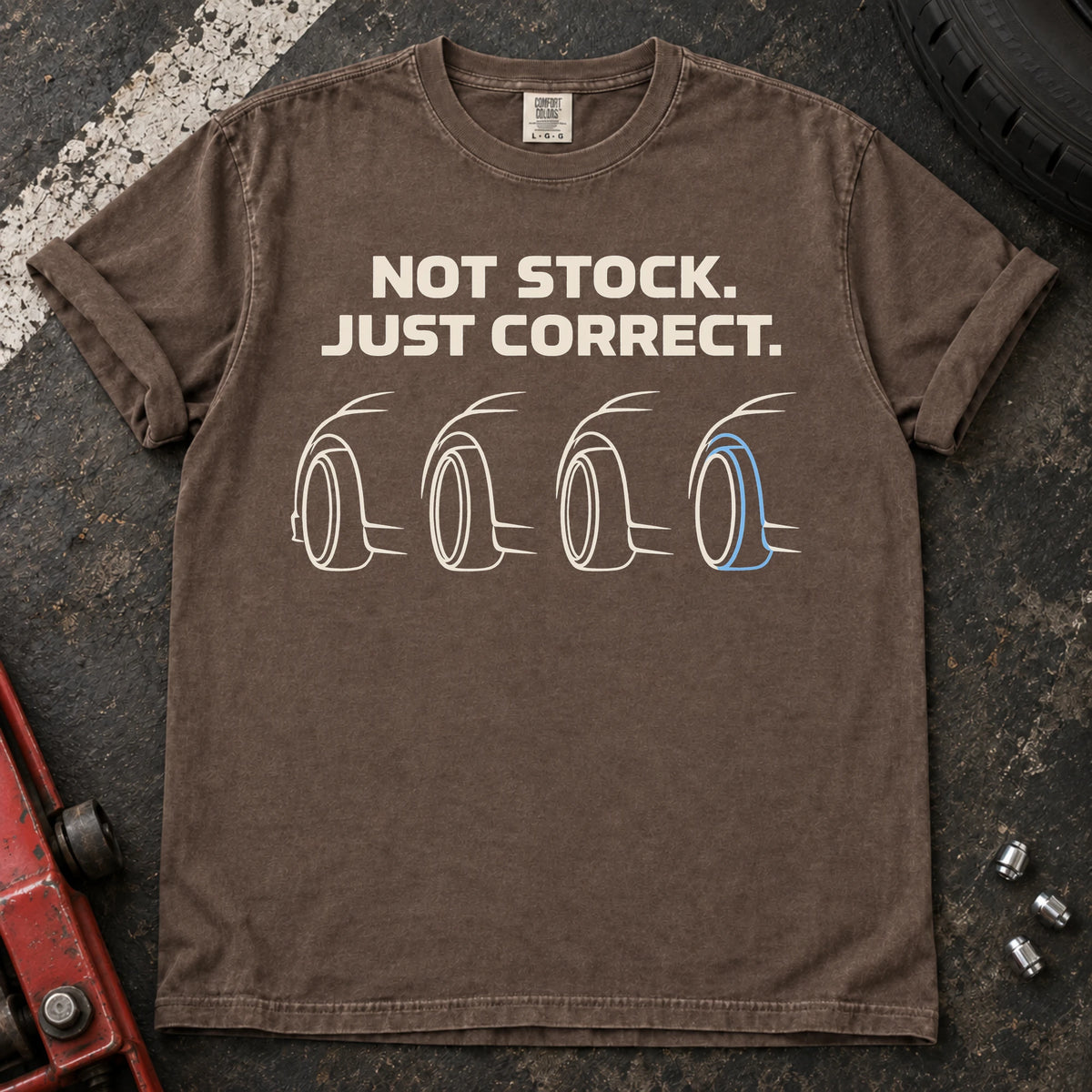 Espresso car enthusiast T-shirt. Four wheel profiles argue not stock, just correct.