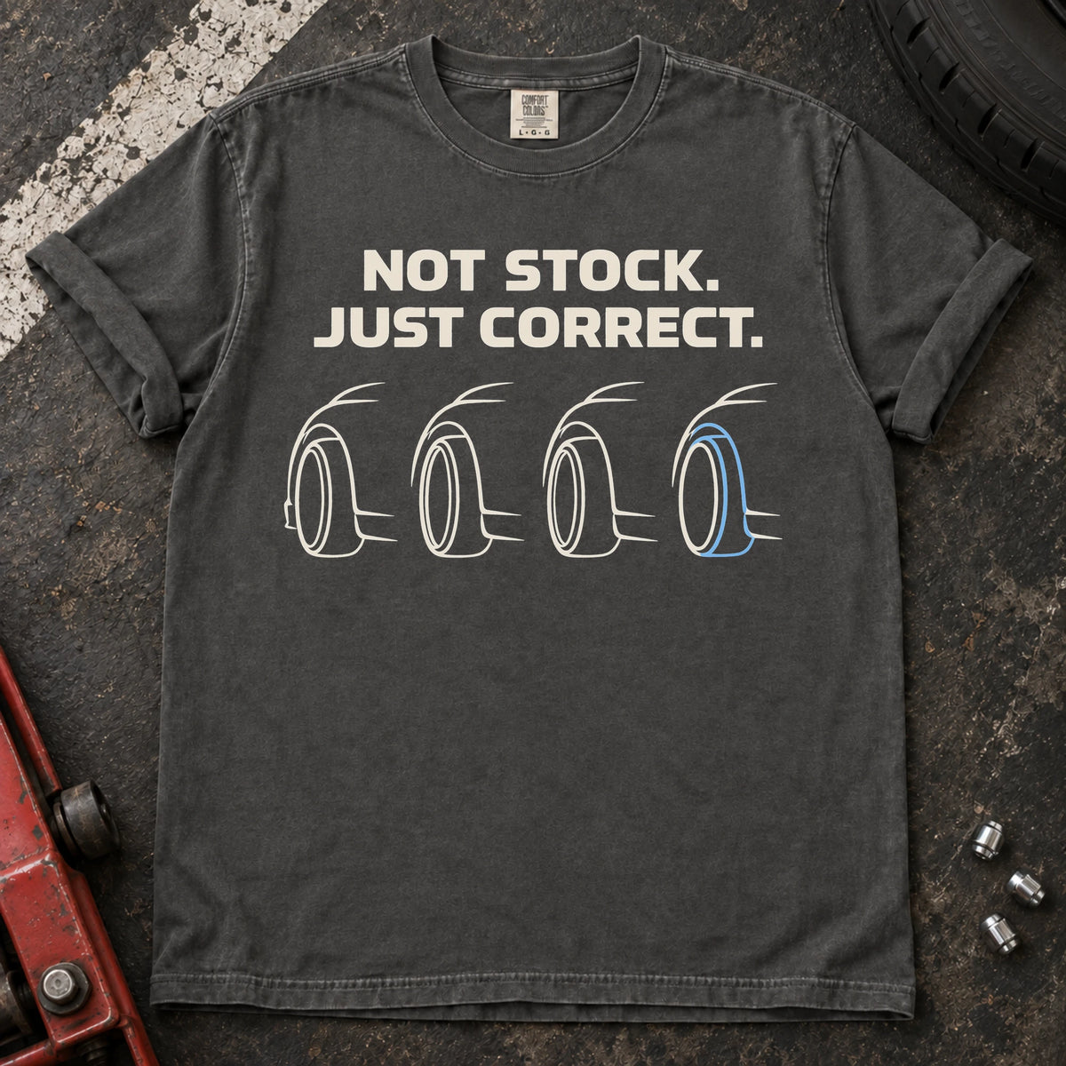 Pepper car enthusiast T-shirt. Four wheel profiles argue not stock, just correct.
