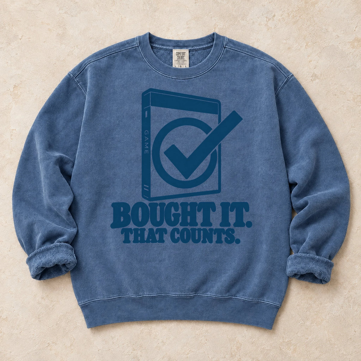 Blue Jean gaming sweatshirt. A checked game case argues bought it, that counts.