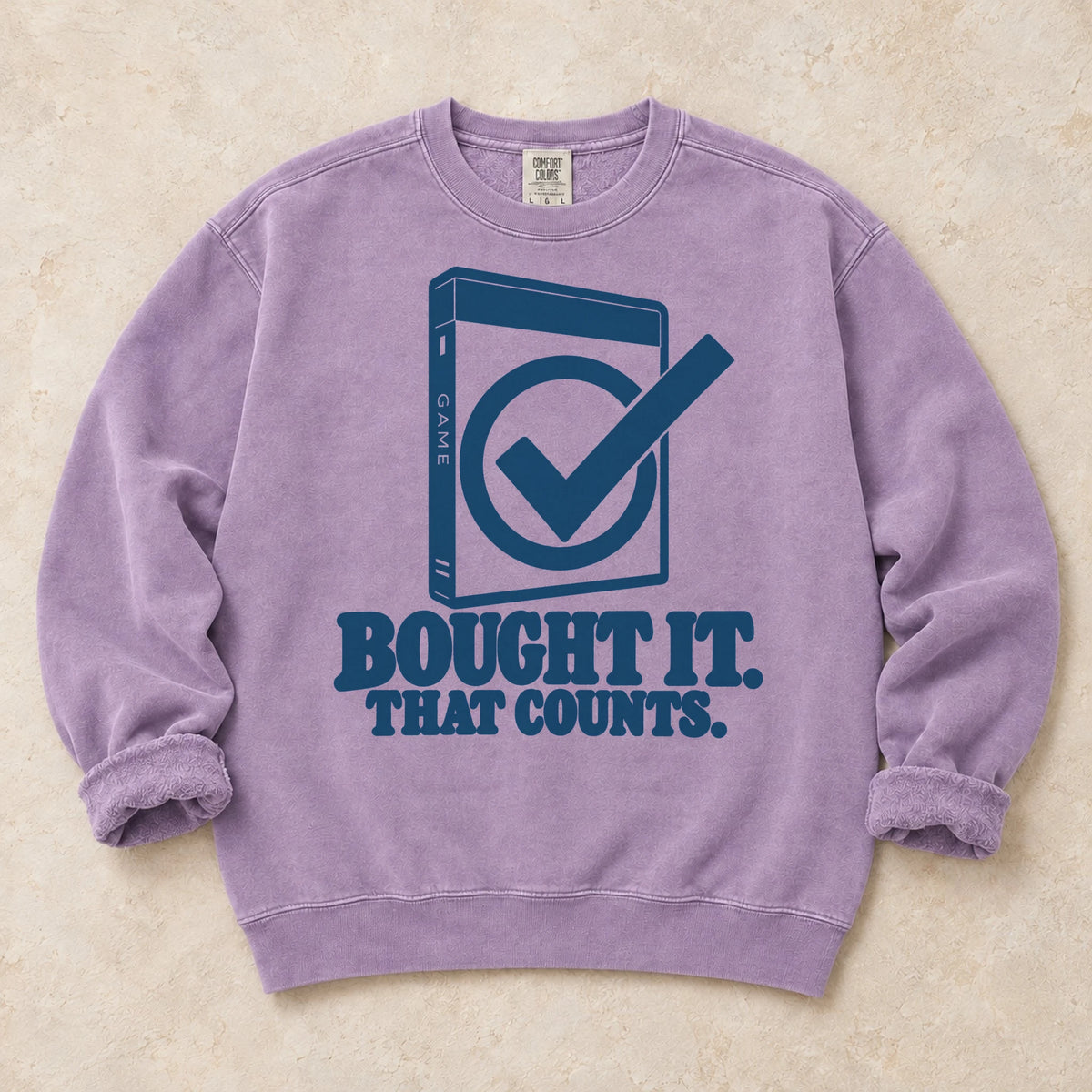 Orchid gaming sweatshirt. A checked game case argues bought it, that counts.