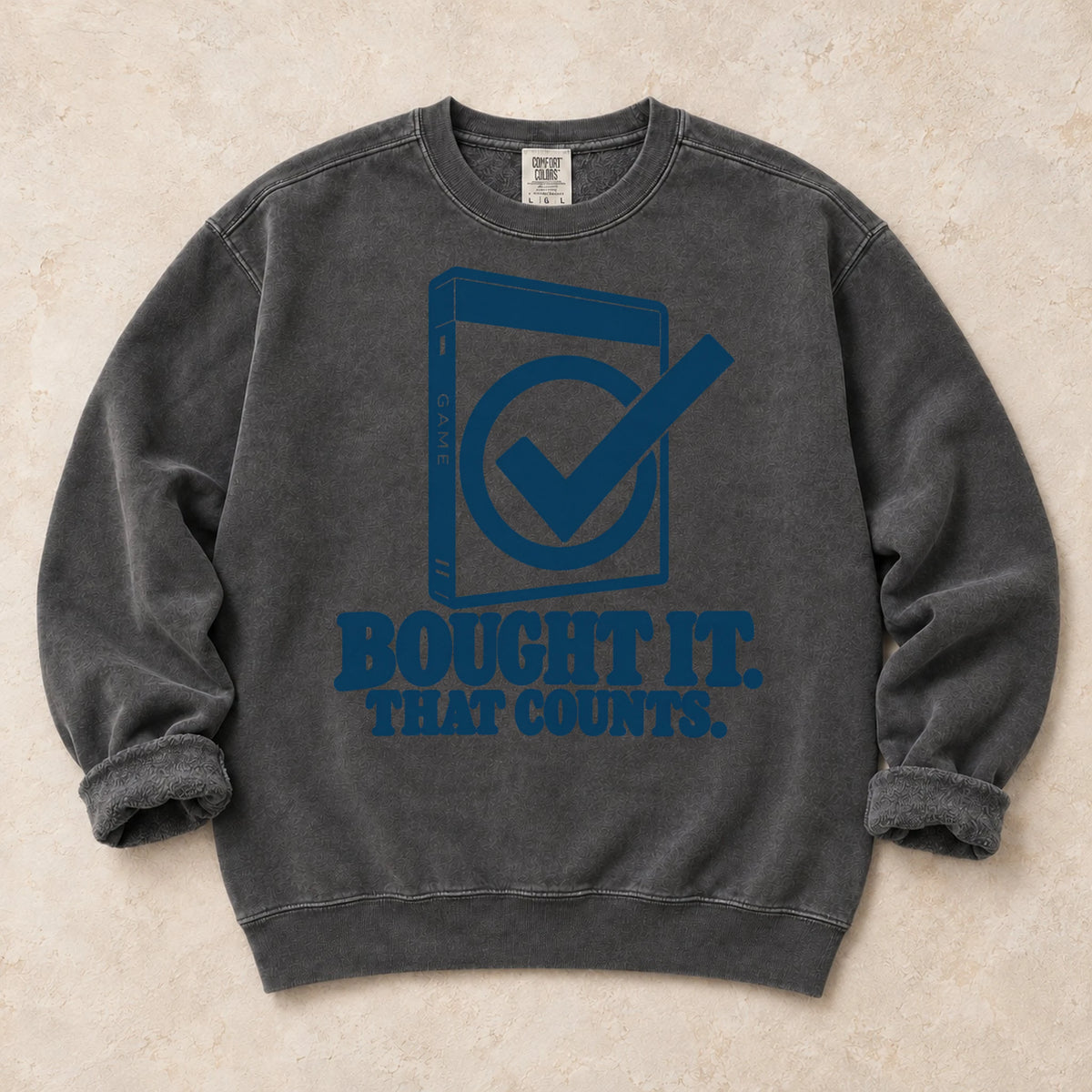 Pepper gaming sweatshirt. A checked game case argues bought it, that counts.