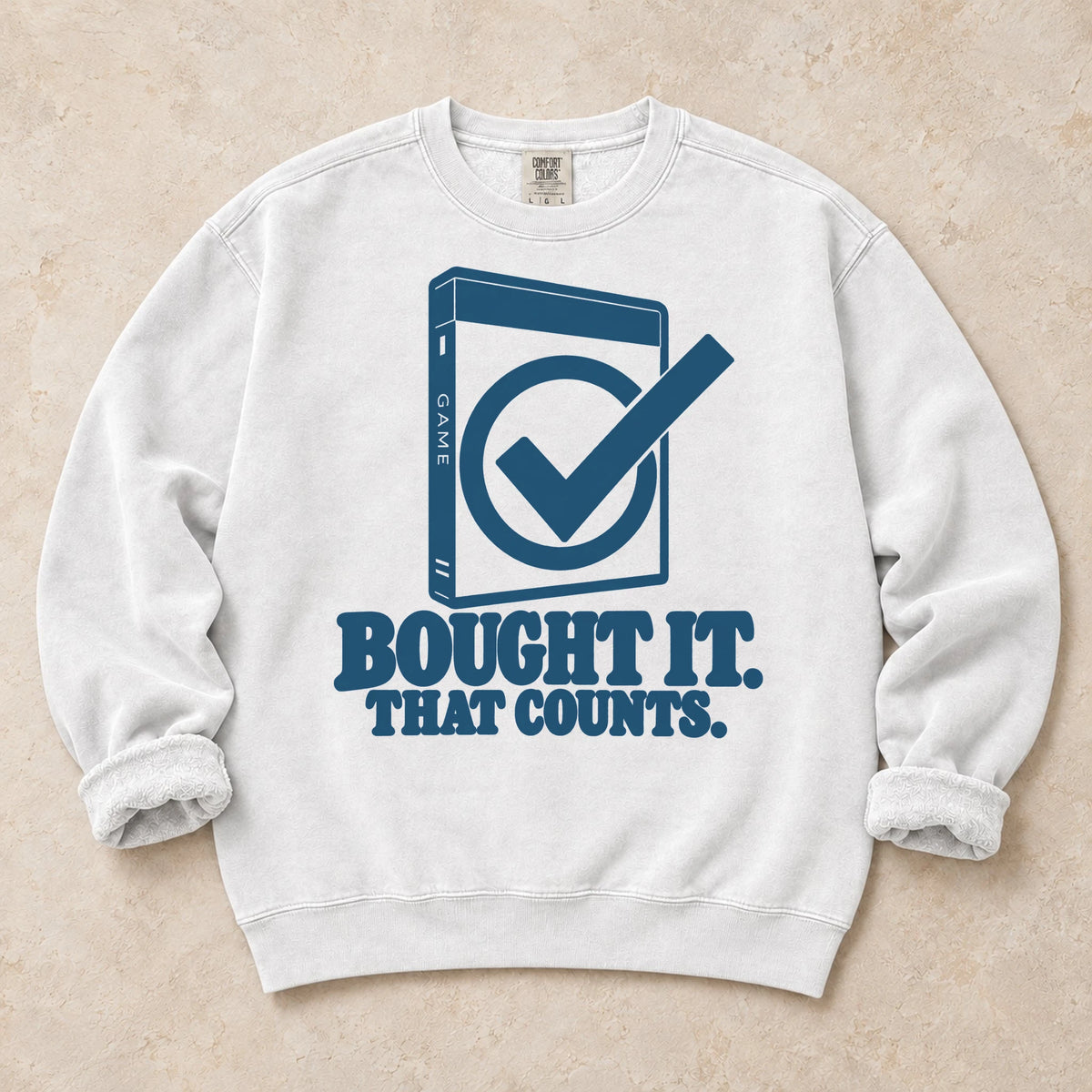 White gaming sweatshirt. A checked game case argues bought it, that counts.