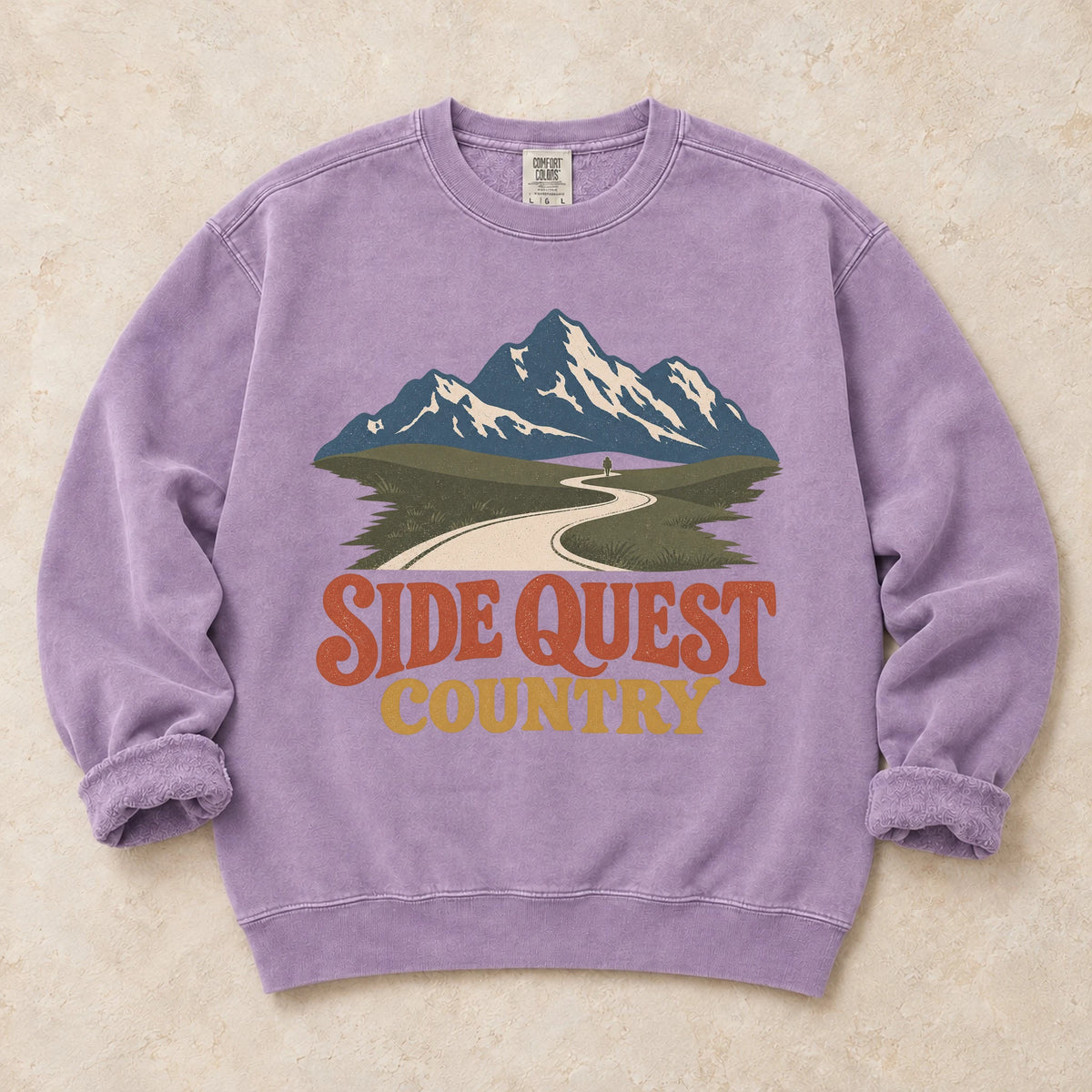 Orchid gaming sweatshirt. A winding mountain path welcomes explorers to side quest country.
