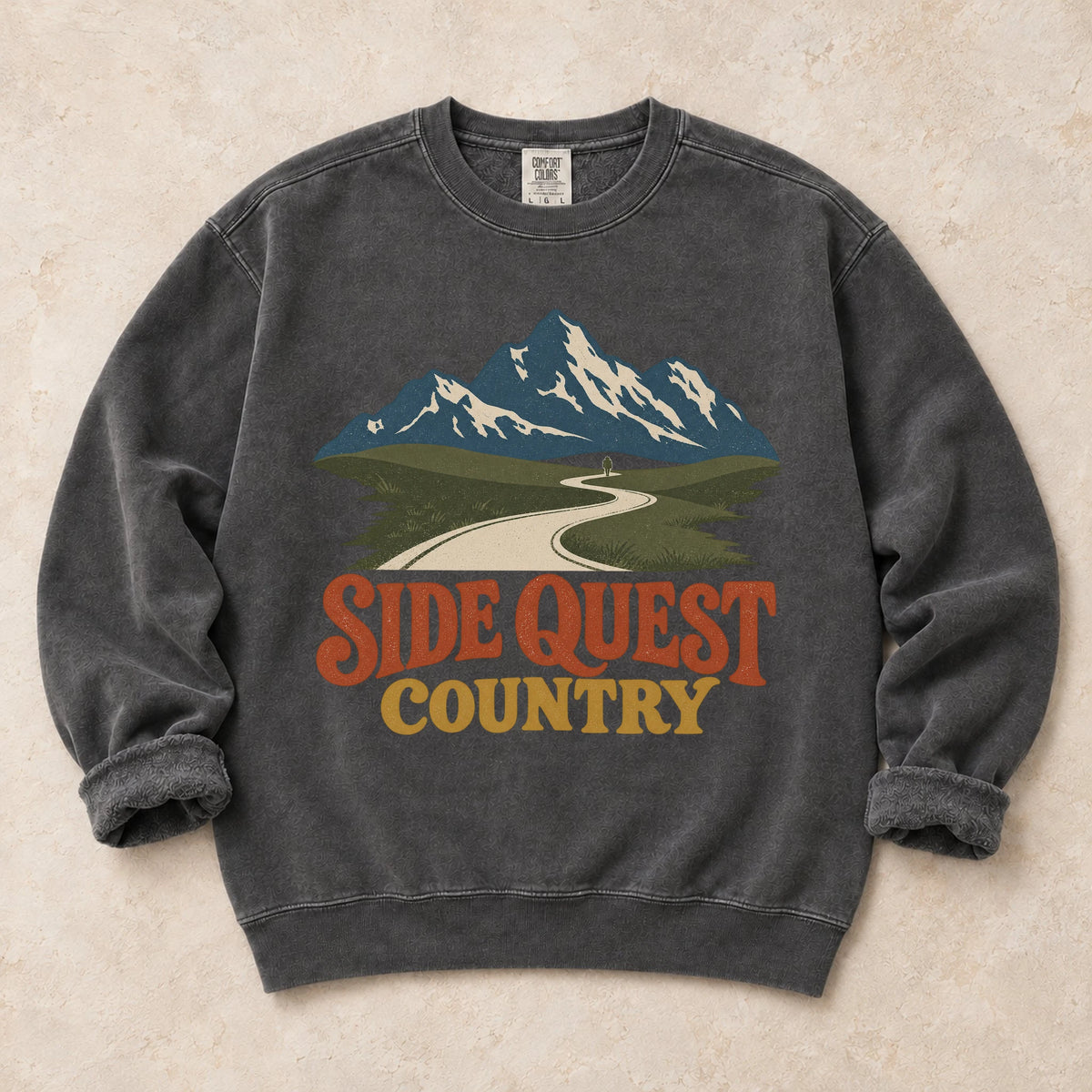 Pepper gaming sweatshirt. A winding mountain path welcomes explorers to side quest country.