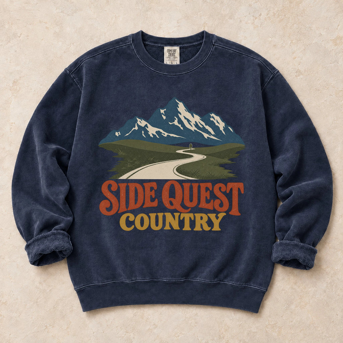 True Navy gaming sweatshirt. A winding mountain path welcomes explorers to side quest country.