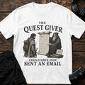 White gaming T-shirt. A wizard's quest scroll could have just been sent as an email.