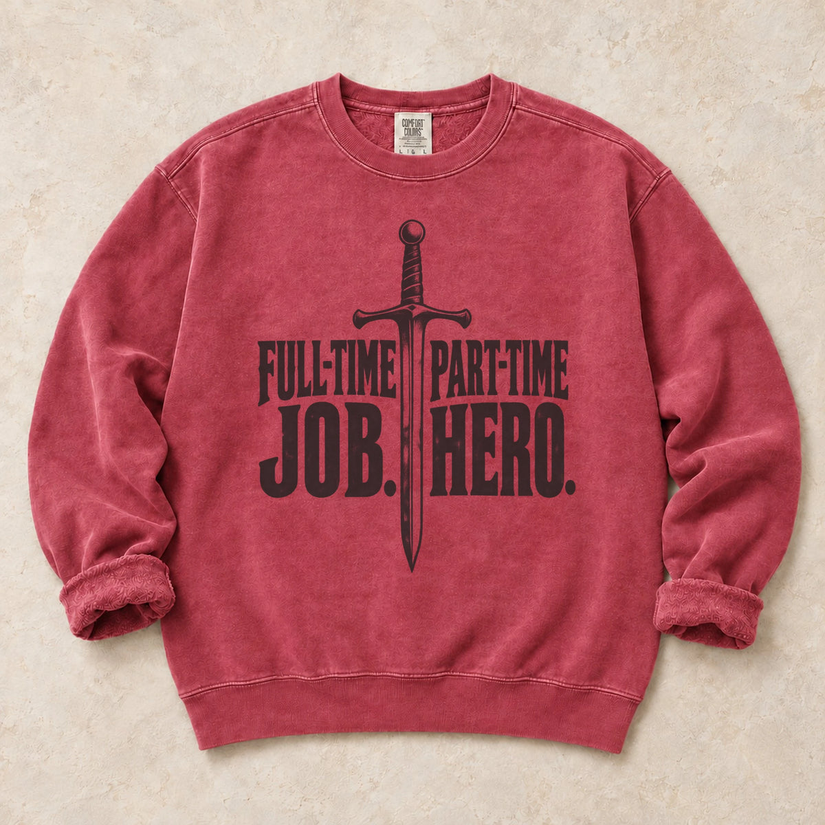 Crimson gaming sweatshirt. A sword separates full-time job from part-time hero.