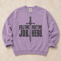 Orchid gaming sweatshirt. A sword separates full-time job from part-time hero.