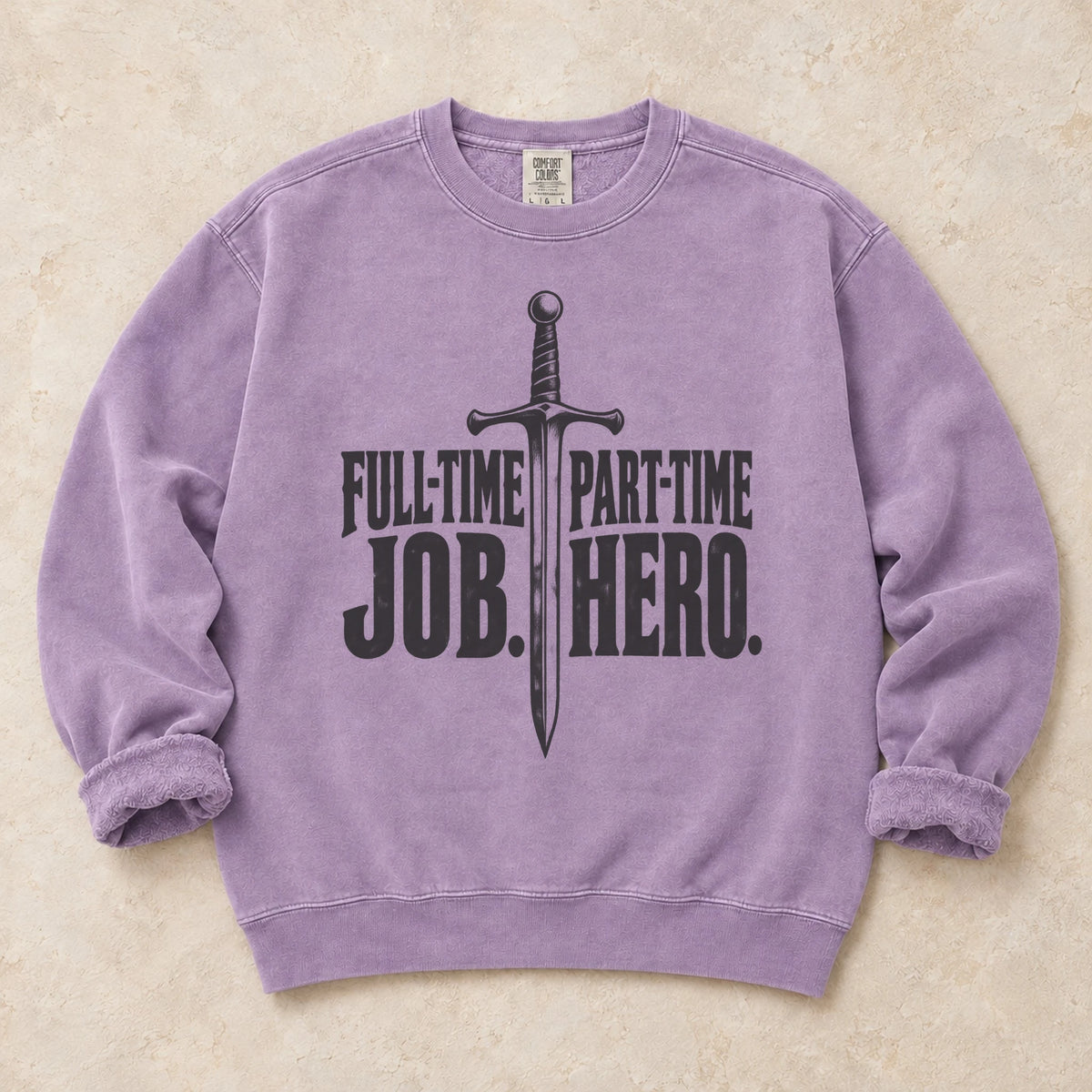 Orchid gaming sweatshirt. A sword separates full-time job from part-time hero.