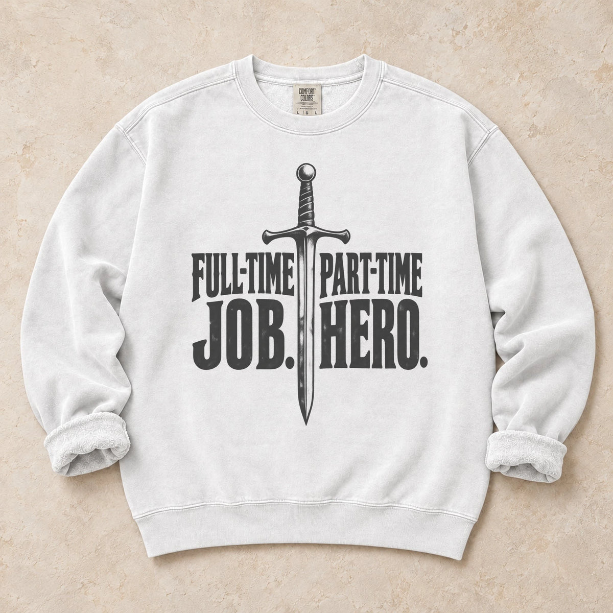 White gaming sweatshirt. A sword separates full-time job from part-time hero.