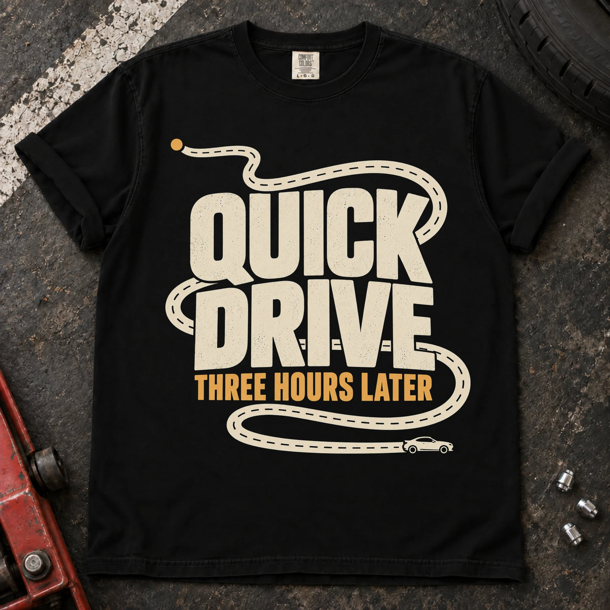 Black car enthusiast T-shirt. A winding route turns a quick drive into three hours later.