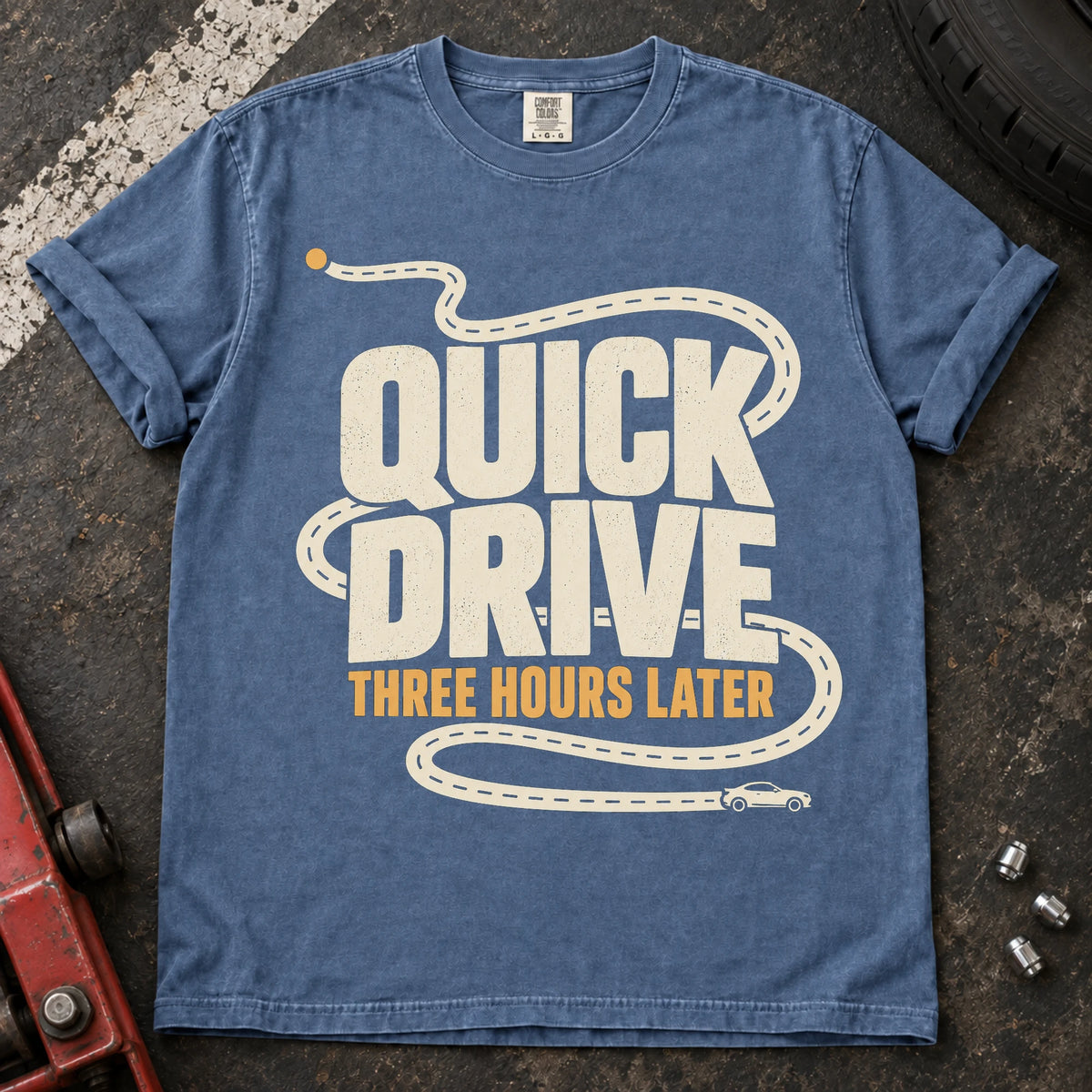 Blue Jean car enthusiast T-shirt. A winding route turns a quick drive into three hours later.