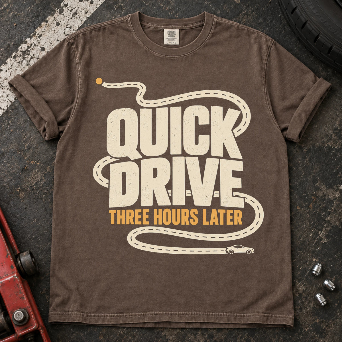 Espresso car enthusiast T-shirt. A winding route turns a quick drive into three hours later.