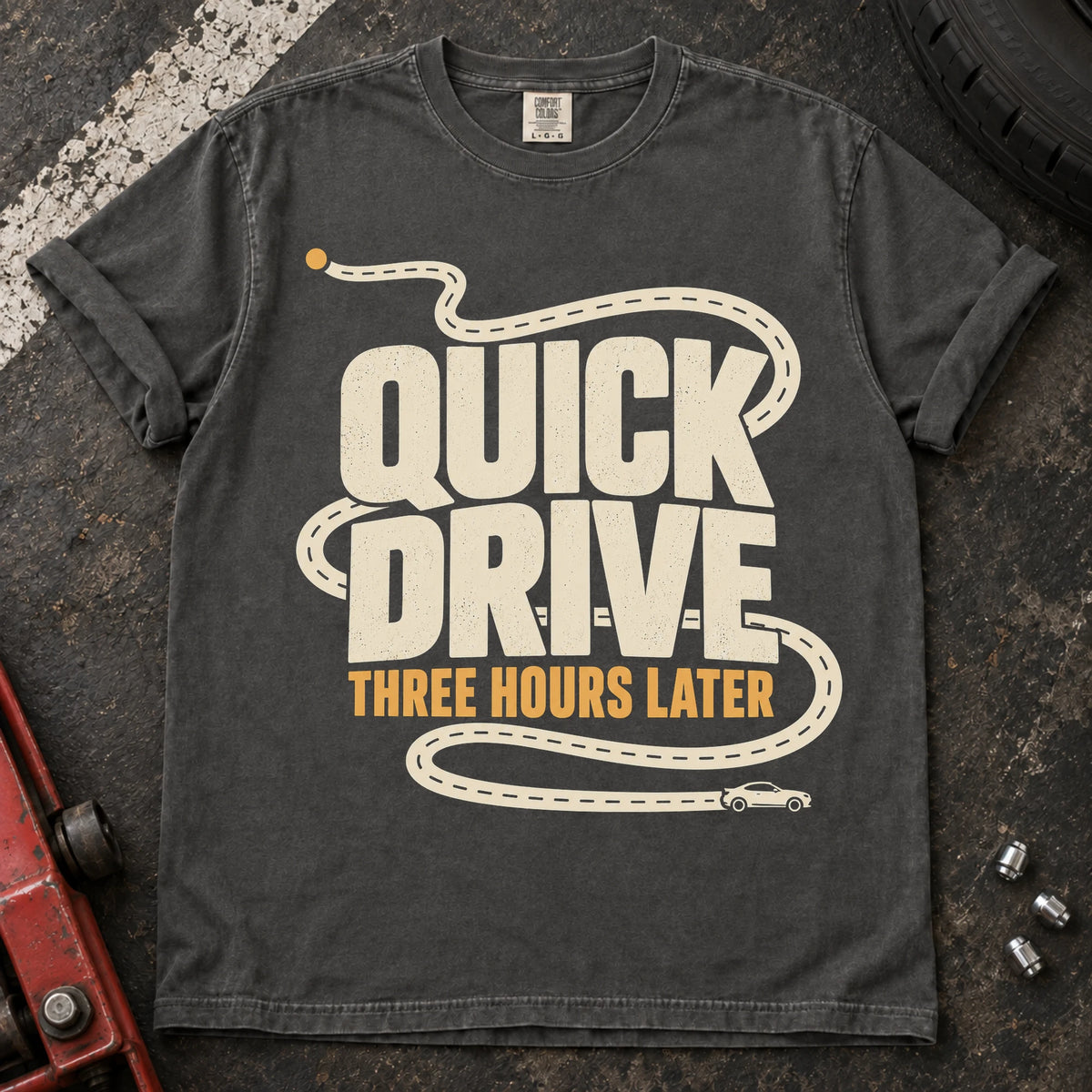Pepper car enthusiast T-shirt. A winding route turns a quick drive into three hours later.