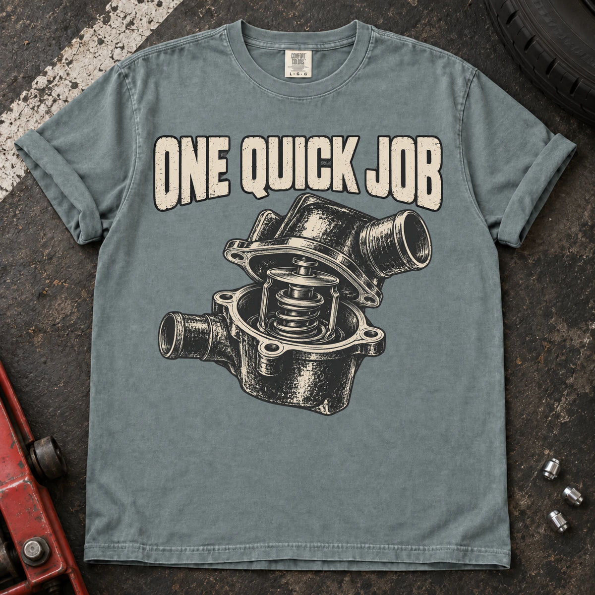 Bay car enthusiast T-shirt. An opened thermostat assembly questions the promise of one quick job.