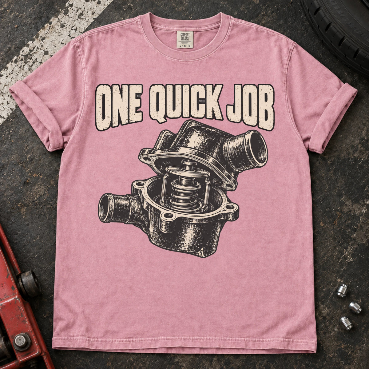 Blossom car enthusiast T-shirt. An opened thermostat assembly questions the promise of one quick job.