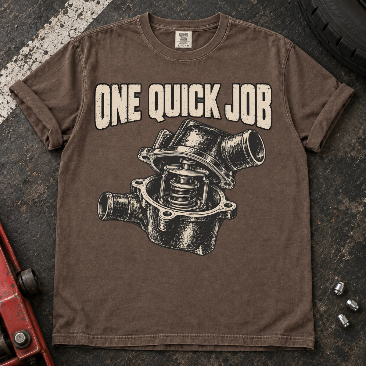 Espresso car enthusiast T-shirt. An opened thermostat assembly questions the promise of one quick job.