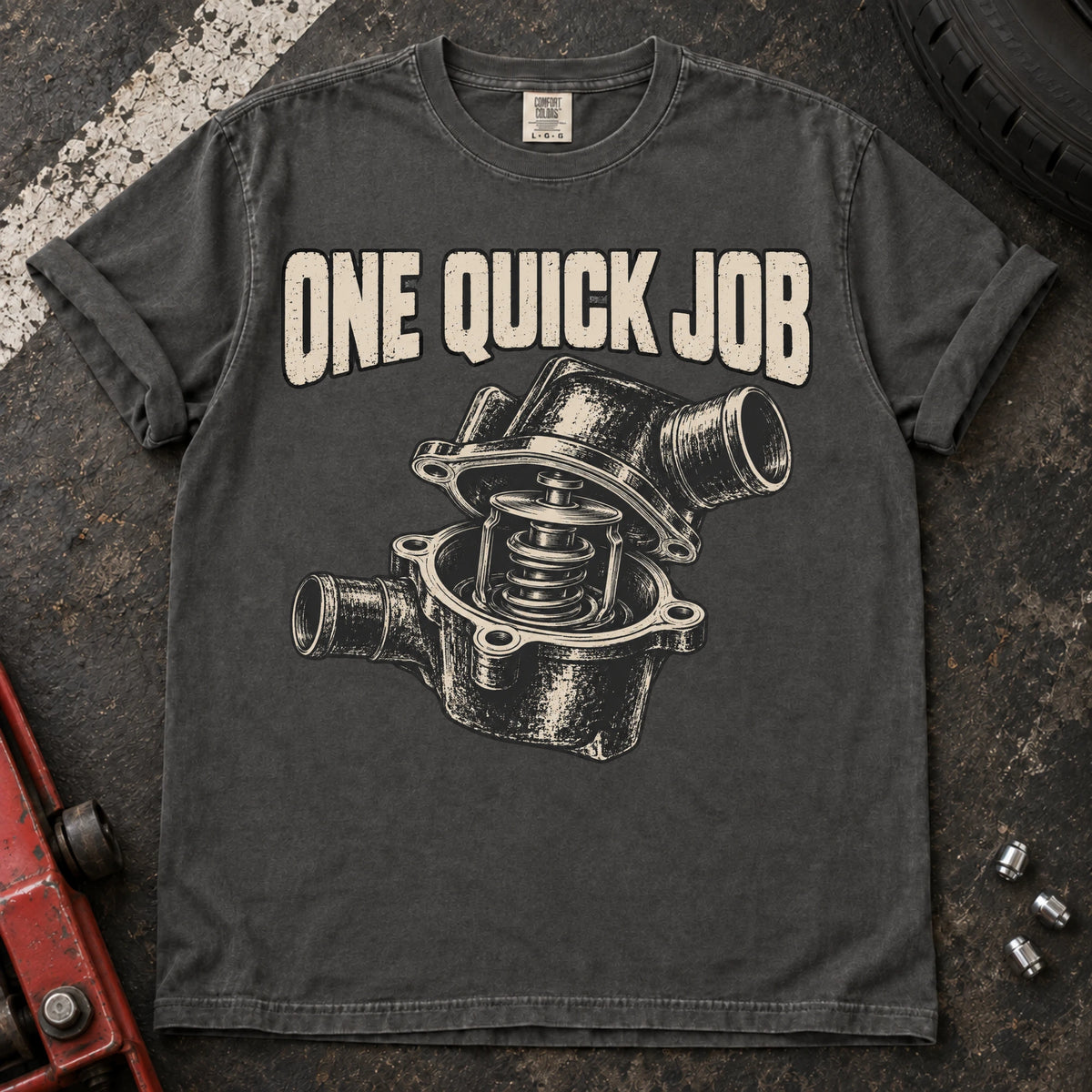 Pepper car enthusiast T-shirt. An opened thermostat assembly questions the promise of one quick job.