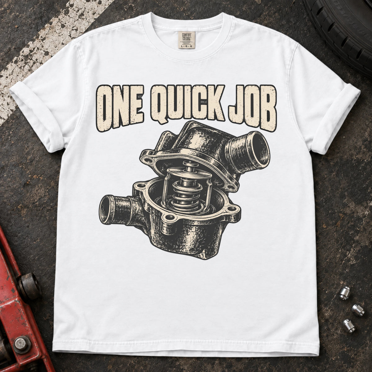 White car enthusiast T-shirt. An opened thermostat assembly questions the promise of one quick job.