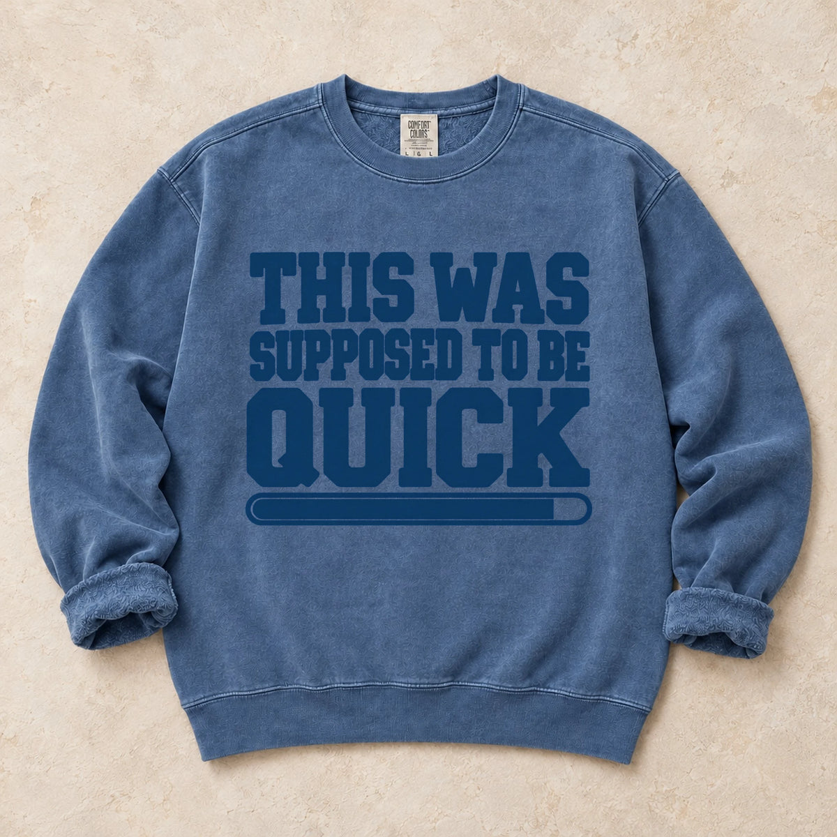 Blue Jean gaming sweatshirt. A short status bar admits this was supposed to be quick.