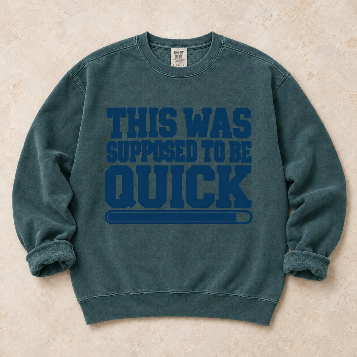Blue Spruce gaming sweatshirt. A short status bar admits this was supposed to be quick.