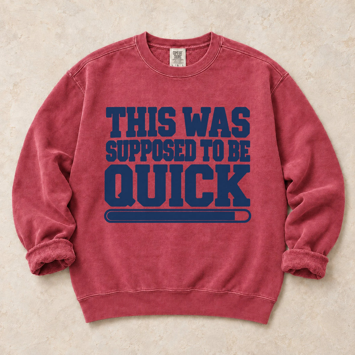 Crimson gaming sweatshirt. A short status bar admits this was supposed to be quick.