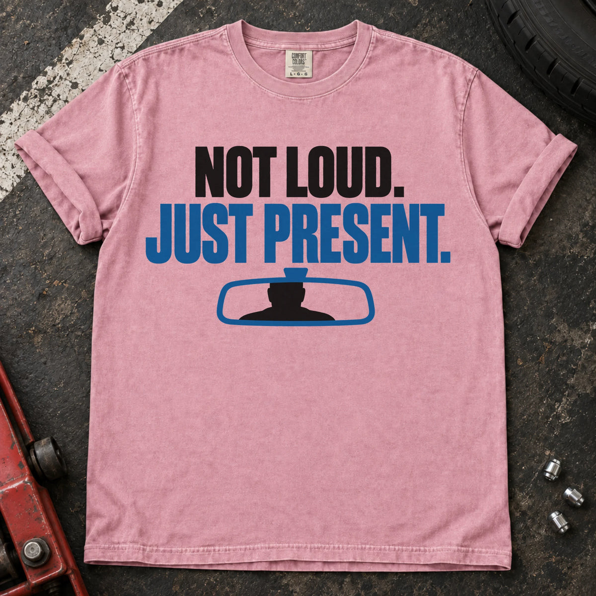 Blossom car enthusiast T-shirt. A rearview mirror backs not loud, just present.