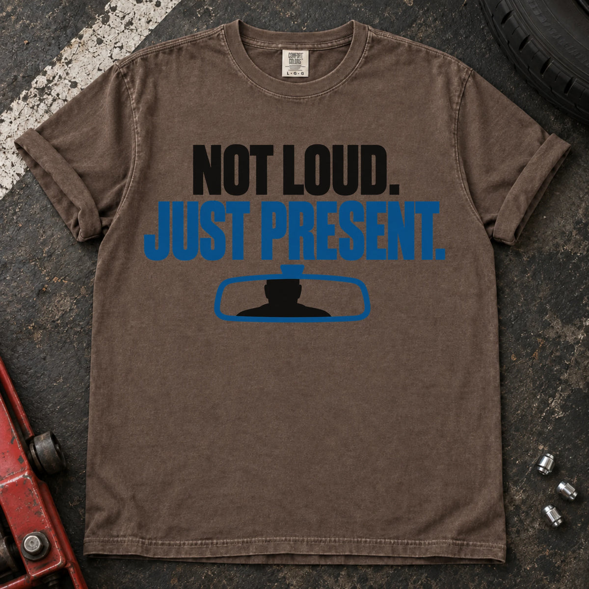 Espresso car enthusiast T-shirt. A rearview mirror backs not loud, just present.