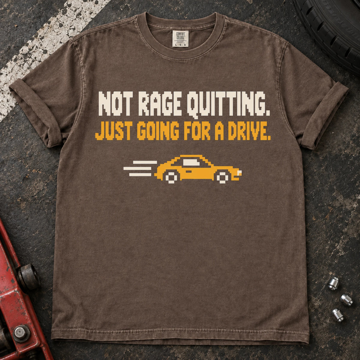 Espresso car enthusiast T-shirt. A pixel car drives away: not rage quitting, just going for a drive.