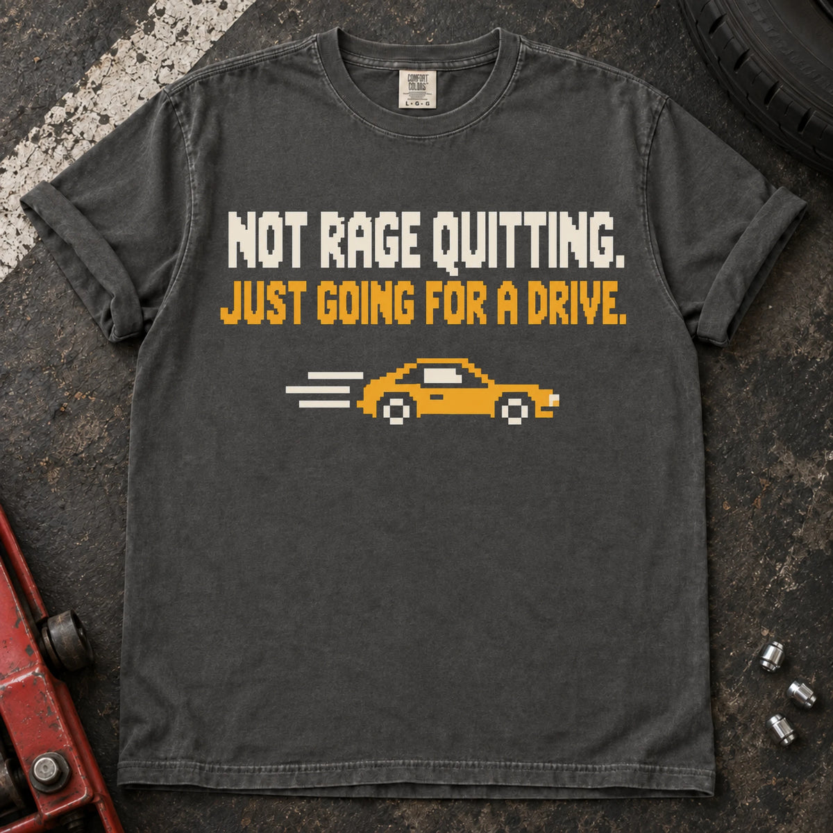 Pepper car enthusiast T-shirt. A pixel car drives away: not rage quitting, just going for a drive.