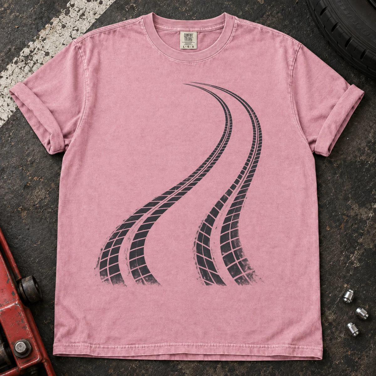 Blossom car enthusiast T-shirt. Two curving tire tracks capture a minimalist rear-bias driving graphic.