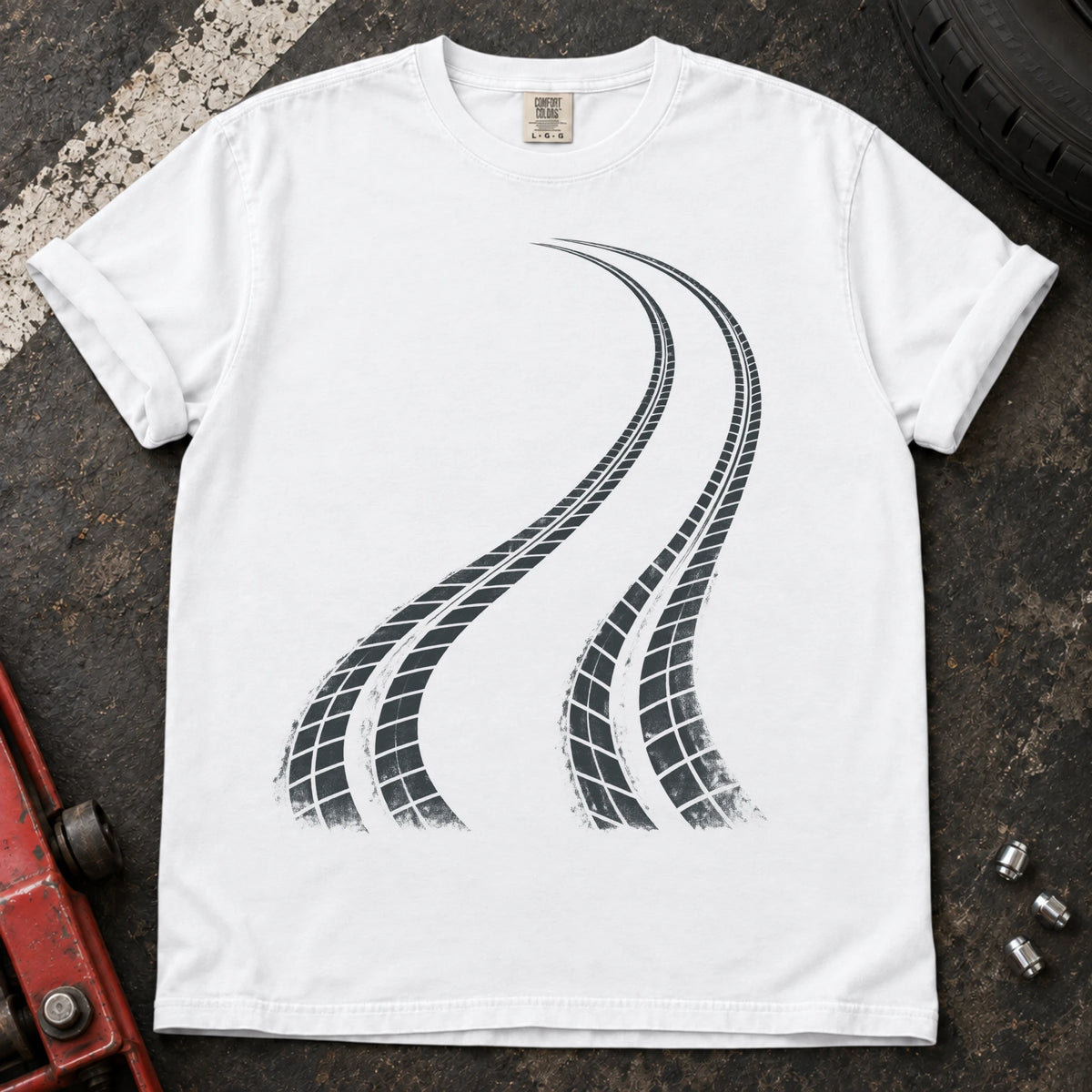 White car enthusiast T-shirt. Two curving tire tracks capture a minimalist rear-bias driving graphic.