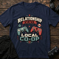 Navy gaming T-shirt. Two controllers and a heart set relationship status to local co-op.