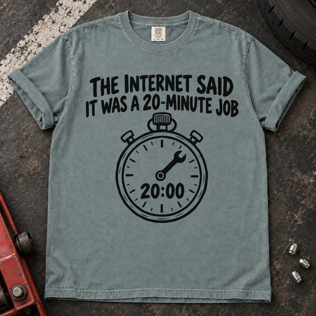 Bay T-shirt showing a 20:00 stopwatch below 'The internet said it was a 20-minute job'.