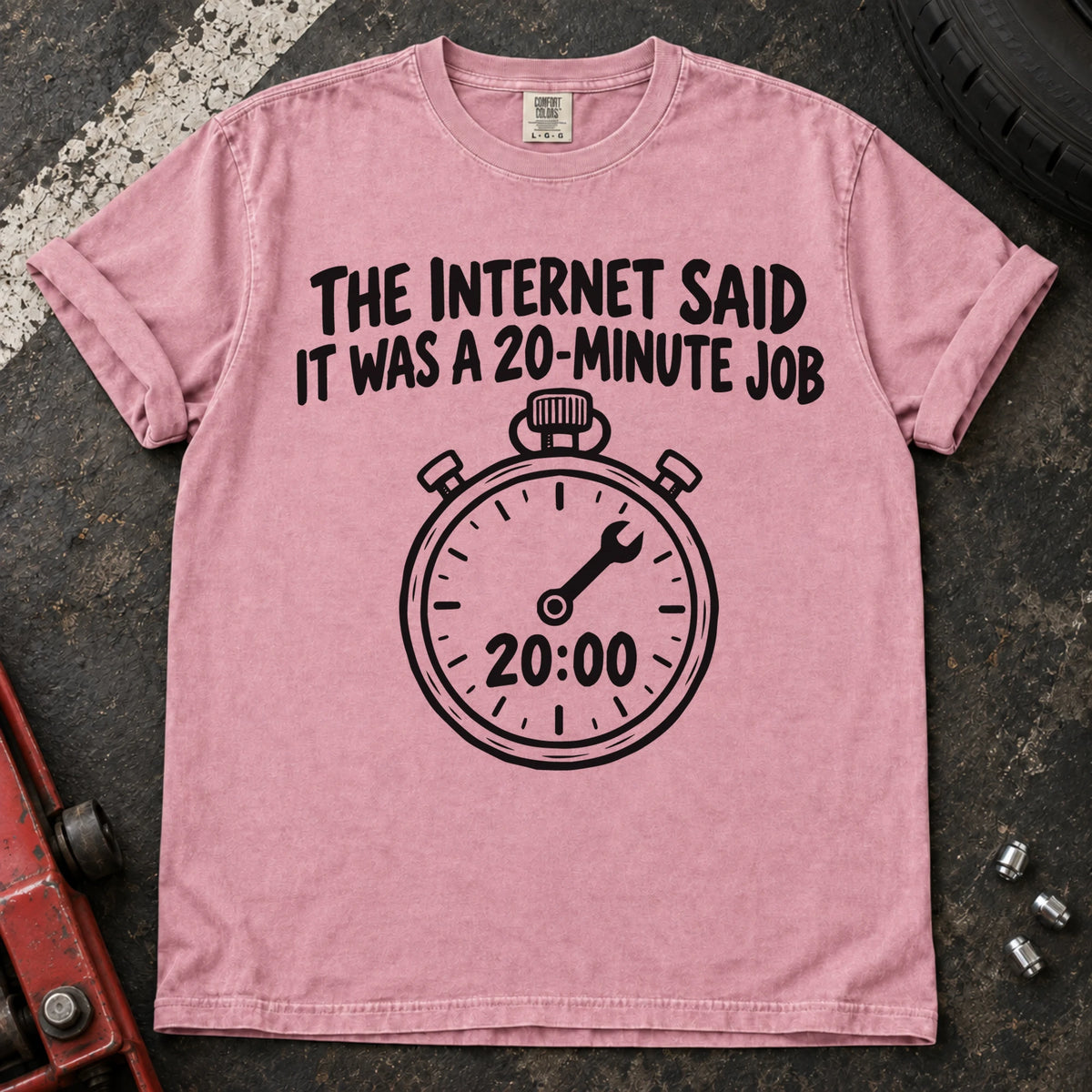 Blossom T-shirt showing a 20:00 stopwatch below 'The internet said it was a 20-minute job'.