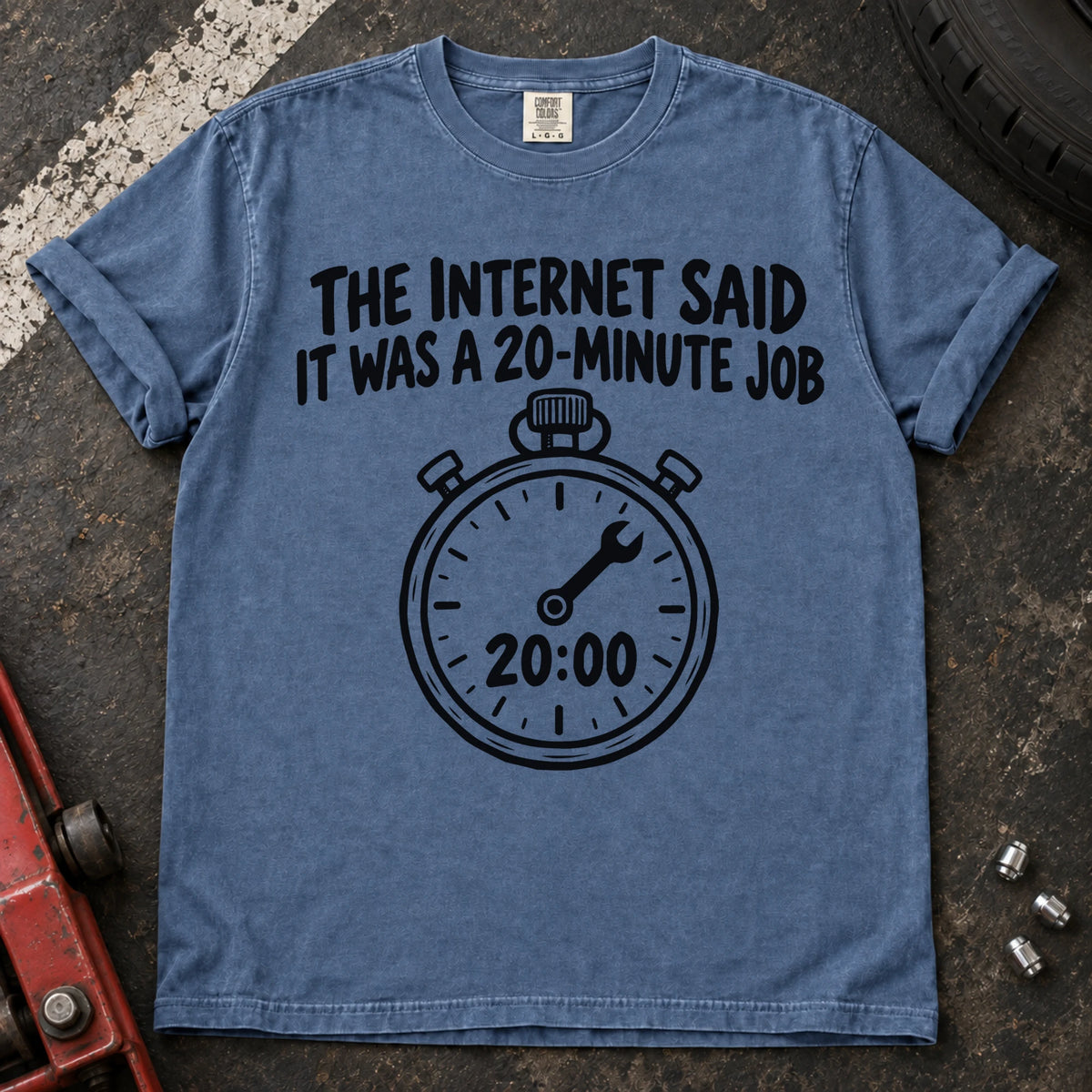 Blue Jean T-shirt showing a 20:00 stopwatch below 'The internet said it was a 20-minute job'.