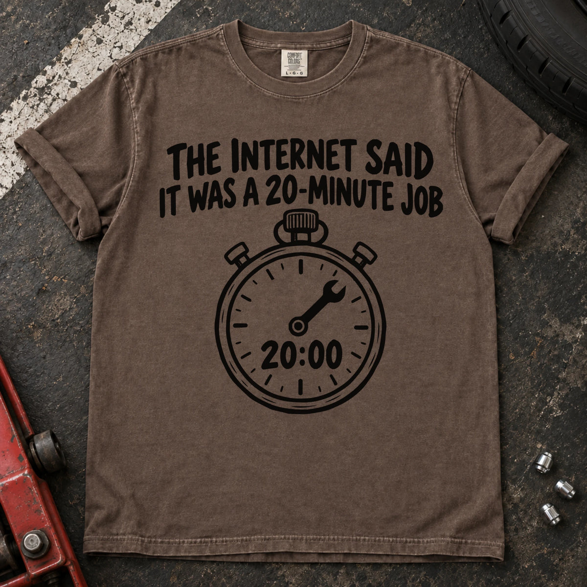 Espresso T-shirt showing a 20:00 stopwatch below 'The internet said it was a 20-minute job'.