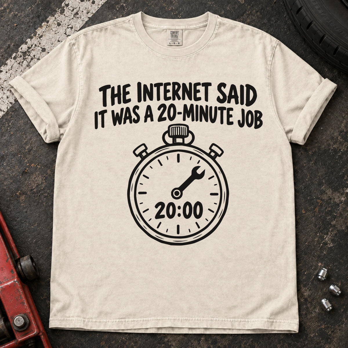 Ivory T-shirt showing a 20:00 stopwatch below 'The internet said it was a 20-minute job'.